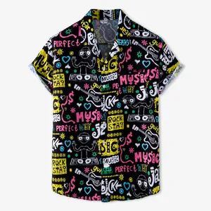 Close-up of colorful graffiti music pattern on black short sleeve Hawaiian shirt
