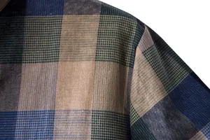 Close-up detail showing the high-quality textured plaid linen fabric on a men's casual shirt