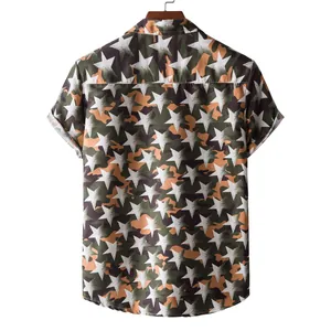 Detailed back view of men's Hawaiian short sleeve shirt with camouflage star print pattern