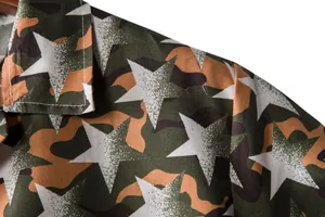 Close-up of men's camouflage Hawaii shirt with white star pattern and collar detail