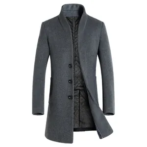 Men Casual Mid Length Woolen Trench Coat Stand Collar Solid Color Winter Warm Slim Fit Outerwear Top For Young Men
