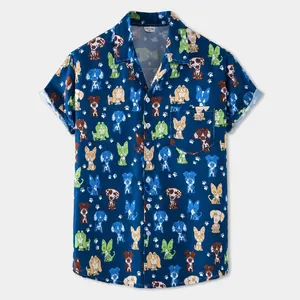 Detailed view of blue men's Hawaiian shirt with short sleeves and cartoon dog print pattern