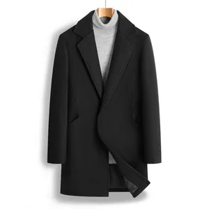 Elegant men's mid-length slim fit wool blend coat in black with classic notched lapel