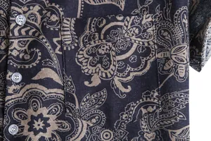 Close-up of retro Hawaiian paisley print on navy blue men's casual shirt pocket