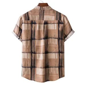 Back view of men's casual short-sleeve shirt with brown plaid pattern and linen texture