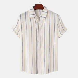 Men's summer casual short sleeve shirt featuring yellow and blue vertical stripes design