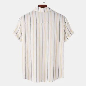 Back view of men's summer casual shirt featuring yellow and blue vertical stripes