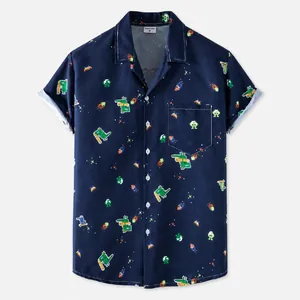 Detailed macro view of pixel dinosaur print on navy blue Hawaiian beach shirt