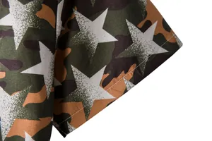 Detailed close-up of a men's Hawaiian shirt with camo print and white star patterns.