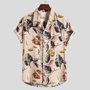 Men's vintage autumnal leaf print short sleeve button down shirt with chest pocket