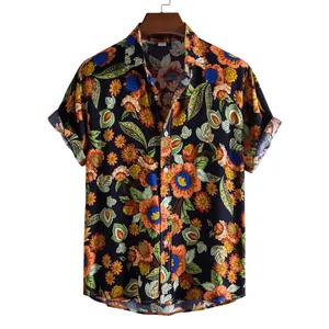 Macro detail of men's casual short-sleeve shirt with vintage floral print pattern