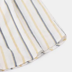 Detailed macro shot of a white summer shirt with yellow and navy blue vertical stripes