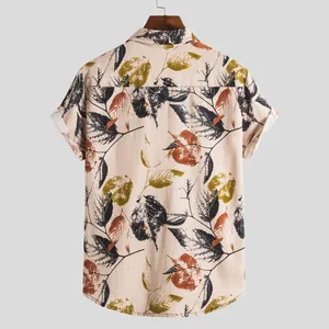 Full back view of men's vintage short sleeve shirt with artistic leaf print pattern