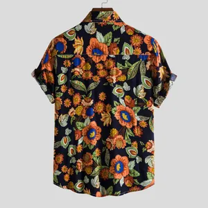 Back view of men's summer short sleeve shirt with vibrant orange floral print.