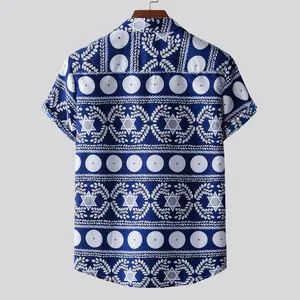 Back view of men's blue ethnic print Hawaiian short sleeve shirt on a wooden hanger