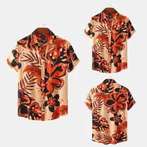 Detailed multi-angle views of men's tropical floral print short sleeve shirt