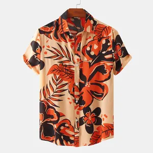 Detailed view of men's tropical floral short sleeve button-down shirt with hibiscus print
