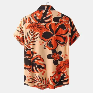 Detailed back view of the vibrant orange floral pattern on this men's summer beach shirt