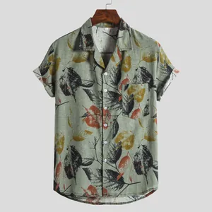 Vintage leaf print short sleeve button-down shirt for men in olive green