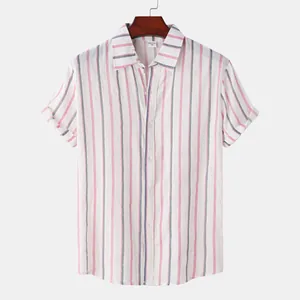 Men's casual summer short-sleeve vertical striped shirt in pink and gray white