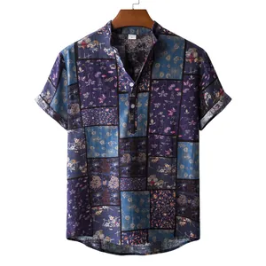Detail of men's vintage ethnic patchwork floral linen blend short sleeve casual shirt