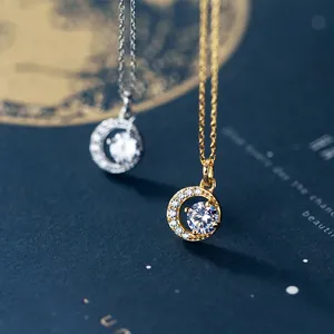 Round Single Rhinestone Pendant Necklace For Women Silver-Plated Copper Dainty Clavicle Chain Sweet Elegant Jewelry Gift