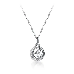 Elegant silver necklace with round crescent moon and central sparkling stone