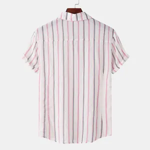 Back view of men's summer casual shirt with pink and blue vertical stripes