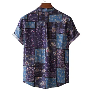 Back view of mens vintage patchwork floral short sleeve shirt in blue tones