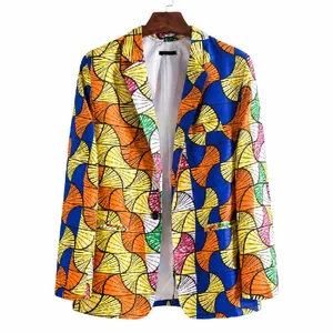 Detail view of a men's slim fit blazer with colorful geometric fan pattern