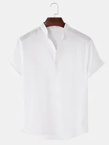 Detail view of white cotton linen shirt showing mandarin collar and breathable fabric.