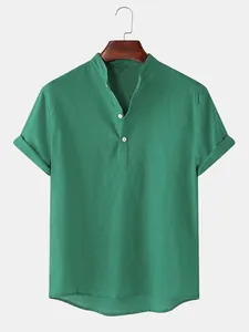 Detailed close-up of men's green cotton linen casual short sleeve shirt with stand collar