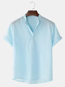 Light blue men's cotton linen short sleeve shirt featuring a minimalist stand collar design