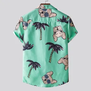 Back view of green Hawaiian shirt featuring French bulldog and palm tree prints