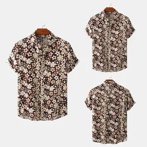 Detailed front and back views of men's floral daisy print short sleeve summer shirt