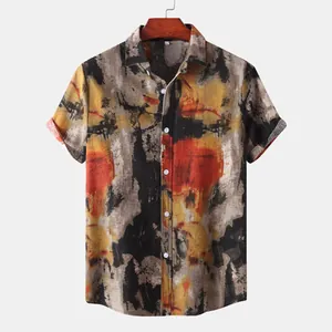 Detailed view of men's casual short-sleeved shirt featuring abstract artistic paint print