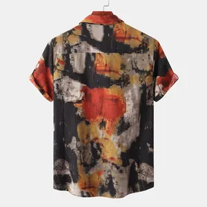 Back view of men's short-sleeved shirt featuring a vibrant abstract ink painting print