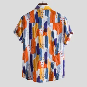 Back view of men's short-sleeve casual shirt with vibrant abstract paint stroke pattern
