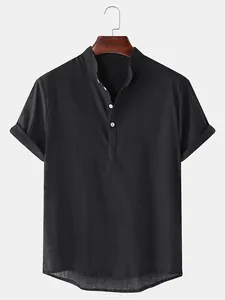 Front detail view of a men's casual black cotton linen short sleeve shirt with stand collar