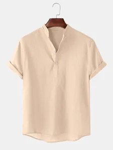 Detail showing the stand collar and button placket of a beige men's cotton linen shirt