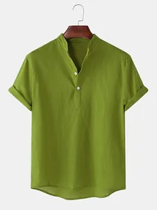 Detailed front view of a lime green cotton linen shirt with casual stand collar.