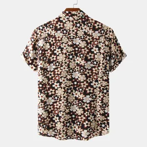 Back view of men's short sleeve casual shirt with vintage brown floral pattern print