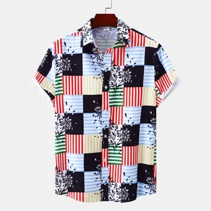 Chemise hawaïenne à manches courtes pour homme avec motif floral patchwork et rayures