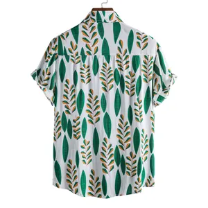 Back view of a white short-sleeve button-down shirt featuring a green leaf pattern