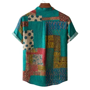 Back view of men's short-sleeve linen shirt with colorful ethnic patchwork pattern