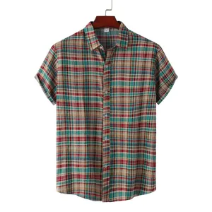 Casual short-sleeved men's plaid shirt with colorful checkered pattern for summer