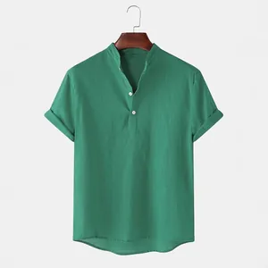Men's green cotton linen short sleeve shirt with stand collar and buttons