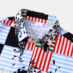 Gros plan sur le col d'une chemise hawaïenne pour hommes au motif floral géométrique