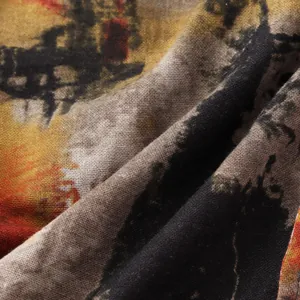 Macro detail of men's casual shirt fabric featuring colorful abstract artistic print