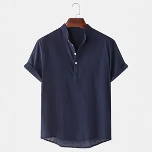 Men's casual navy blue cotton linen short sleeve shirt with stand collar for summer wear